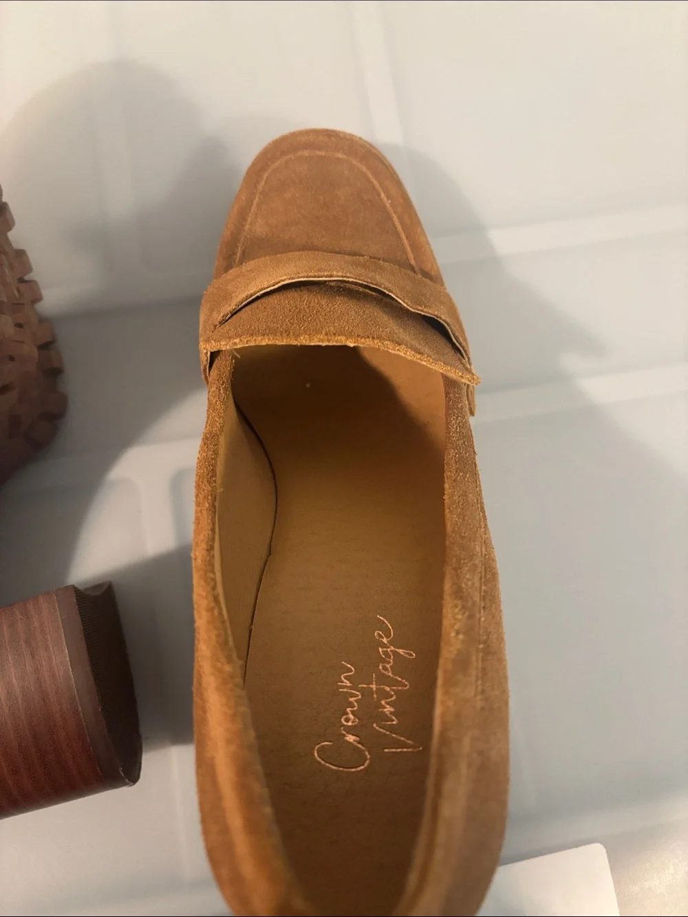 Crown Vintage suede platform loafers camel brown color SZ 9 3” Heel Desert Boho
